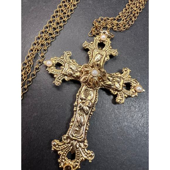 Vintage 1928 Gold Tone Cross Pendant Necklace with Faux Pearls - Picture 1 of 16